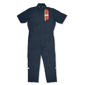 May include: Navy blue short-sleeve jumpsuit with a vertical stripe of red, yellow, and orange on the chest. The word "ENEOS" is printed on the stripe. The jumpsuit has a collar, pockets, and white reflective stripes on the legs.
