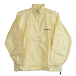 May include: A yellow windbreaker jacket with white piping and the word "MIRWAIN" embroidered on the front.
