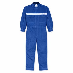 May include: A blue work jumpsuit with white stitching and a white horizontal stripe across the chest. The jumpsuit has two chest pockets, two hip pockets, and a cargo pocket on the leg. The word "Netz" is printed on the chest.