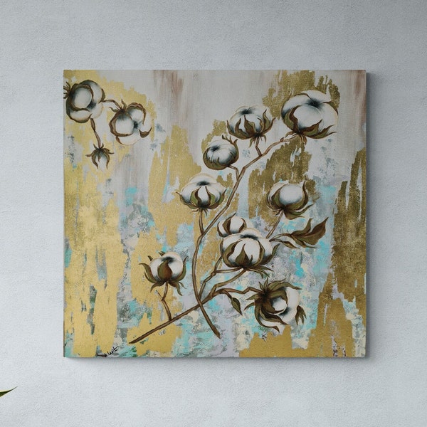 Cotton Flower Textured Painting. Farm House Design Artwork With Gold Leaves. With Certificate Authenticity. For White Wall. Boho. 32''x32''