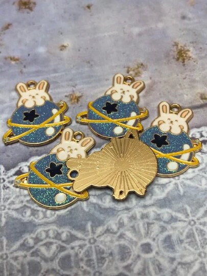 5 pcs Planet Bunny Enamel Charms l Bunny Charms l Planet Charm W3 - Thumbnail 2