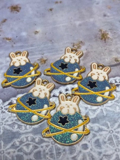 5 pcs Planet Bunny Enamel Charms l Bunny Charms l Planet Charm W3