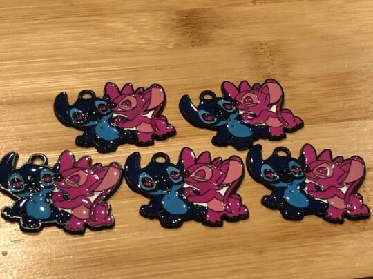 5 pcs Angel and Stitch from Lilo & Stitch l Black Enamel Charms l Angel Hugging on Stitch - Thumbnail 2