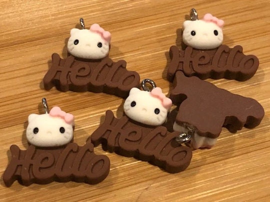 5 pcs HK Hello Kitty l "Hello" with HK Head on Top Flatback l l Flatback Charm l Brown and White Resin AAA1 - Thumbnail 2
