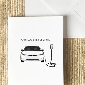 Carte Tesla Model S - Blanc Noir Rouge - Car Punny Saint-Valentin, Anniversaire, Mariage, Carte de vœux drôle