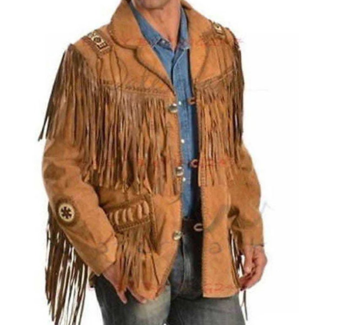 Uomo Occidentale Cowboy Giacca Scamosciato Pelle Vintage Perline Frange - Foto 4
