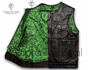 Men's Club Style Leather Handmade Stitch Harvester Stitch Hunt Club Vest Biker Vest Motorcycle Waistcoat