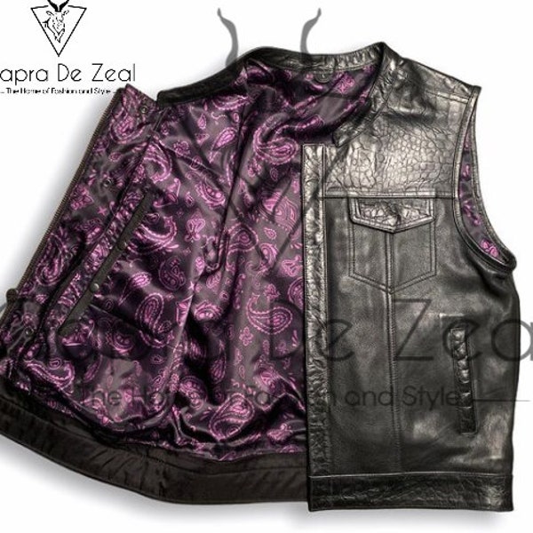 Men's Club Style Leather Purple Crocodile Plated Handmade Leather Hunt Club Vest Biker Vest Waistcoat
