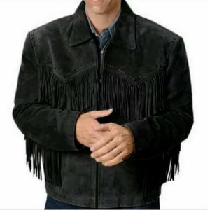 Western Jacket With Fringe Cowboy Style Suede Men's Suede Leather Jacket Black