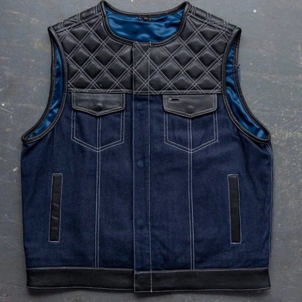 Men's Biker Denim and Leather Vest Handmade Diamond Quilted Motorcycle Leather Vest Hunt Club Vest Biker Waistcoat