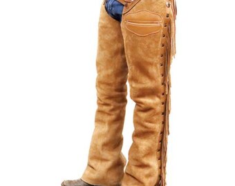 Indianer-Cowboy-Stil, handgemachte Hose aus Buck-Haut-Wildleder, Rodeo-Chap Mountain, Herren, Western-Hose aus hellbraunem Leder