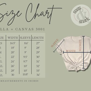 Puede incluir: Tabla de tallas para camisetas Bella + Canvas 3001, que muestra las medidas en pulgadas para el ancho, la longitud de la manga y la longitud total para las tallas XS a 4XL.