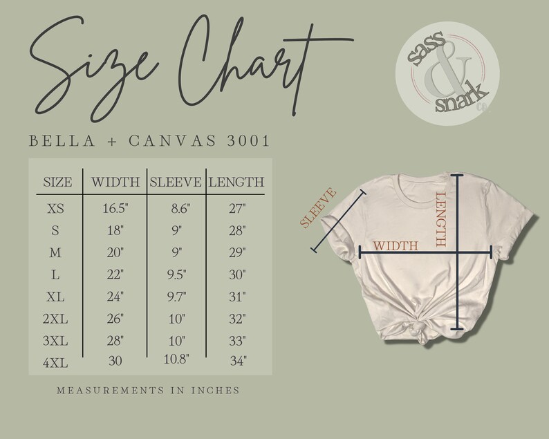 Puede incluir: Tabla de tallas para camisetas Bella + Canvas 3001, que muestra las medidas en pulgadas para el ancho, la longitud de la manga y la longitud total para las tallas XS a 4XL.