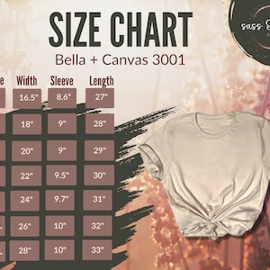 K&ouml;nnte beinhalten: Gr&ouml;&szlig;entabelle f&uuml;r Bella + Canvas 3001 T-Shirts, mit Ma&szlig;en in Zoll f&uuml;r Breite, &Auml;rmell&auml;nge und Gesamtl&auml;nge f&uuml;r die Gr&ouml;&szlig;en XS bis 3XL.