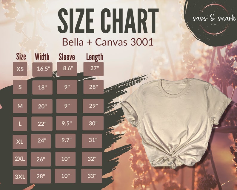 K&ouml;nnte beinhalten: Gr&ouml;&szlig;entabelle f&uuml;r Bella + Canvas 3001 T-Shirts, mit Ma&szlig;en in Zoll f&uuml;r Breite, &Auml;rmell&auml;nge und Gesamtl&auml;nge f&uuml;r die Gr&ouml;&szlig;en XS bis 3XL.