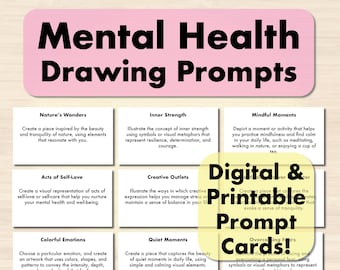 Geestelijke gezondheid Tekening prompts kaartenset, Self care Journaling prompt