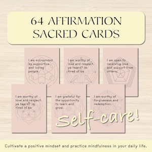 64 tarjetas de afirmación, cubierta de afirmaciones de atención plena 2021, regalo imprimible de citas positivas, diseños sagrados descarga digital instantánea imprimible