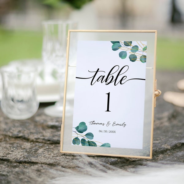 Editable Wedding Table Number Template with Eucalyptus, Printable Greenery Number, Place Card Template