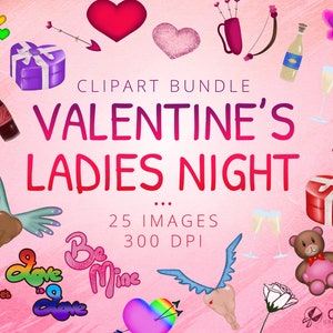 Valentine's Ladies Night Clipart | Instant download | Printklare afbeeldingen voor ontwerpers en evenementplanners | Wijn | Harten | Liefde | Woordkunst