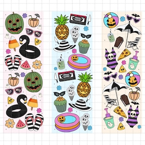 May include: A selection of vibrant stickers with Halloween and summer motifs. The stickers depict jack-o'-lanterns, pineapples, sunglasses, ice cream, a black swan, a swimming pool, and a beach ball. Other stickers include a coffin, pizza, and a beach chair.