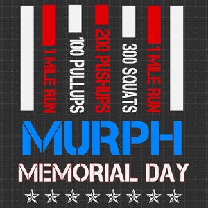 May include: A graphic design with the text "MURPH" in blue, "MEMORIAL DAY" in red and white, and a list of exercises with the number of repetitions: 1 mile run, 300 squats, 200 pushups, 100 pullups, 1 mile run. The design is on a black background with a white grid pattern.