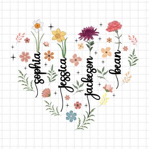 May include: A heart-shaped floral arrangement with the names "Sophia", "Jessica", "Jackson", and "Bean" written in cursive. The flowers are in shades of pink, yellow, red, and blue.