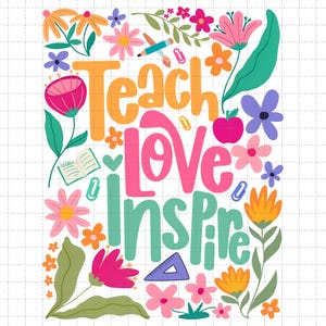 Leraar liefde inspireren png, boho leraar bloemen png, retro leraar png, leraar cadeau png, leraar sublimatie, leraar shirt png, terug naar school