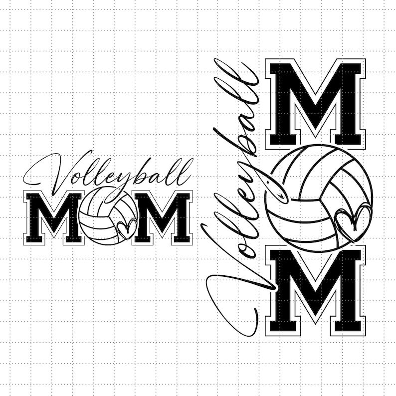以下が含まれることがあります： 「Volleyball Mom」というテキストとハートの付いたバレーボールが描かれた白黒のグラフィックデザイン。テキストは太字のブロック体です。
