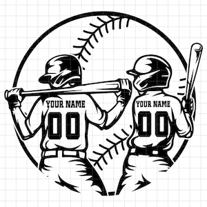 May include: Black and white baseball-themed graphic featuring two baseball players inside a baseball. The players wear helmets and jerseys with the number "00" and the text "YOUR NAME". One player holds a bat, the other holds a bat on their shoulders.
