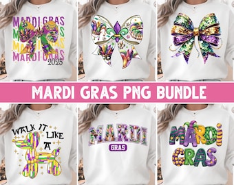 Op de afbeelding: Een set van zes sublimatieontwerpen met Mardi Gras-thema's. De ontwerpen omvatten een paarse, groene en gouden strik, een Mardi Gras-kroon, een tekstontwerp met de tekst "Mardi Gras", een tekstontwerp met de tekst "Walk it like a", een tekstontwerp met de tekst "Mardi Gras" met een kroon en een tekstontwerp met de tekst "Mardi Gras".