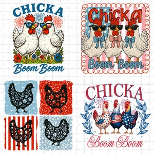 Lot de poulet patriotique png, poulet drôle du 4 juillet png, poussin Boom Boom png, coq patriotique png, fermier drôle, fête de l'indépendance png