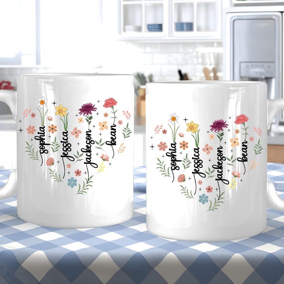 Personalised Birth Flower Mug Sublimation Png, Mom Mug Family Gift Birth Month Cup, Floral Name In Heart Mug Png, Mother's Day Gifts Ideas