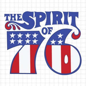 May include: The Spirit of '76 graphic design with the number 76 in red, white, and blue stripes and stars. The word "Spirit" is in blue and the word "of" is in white.