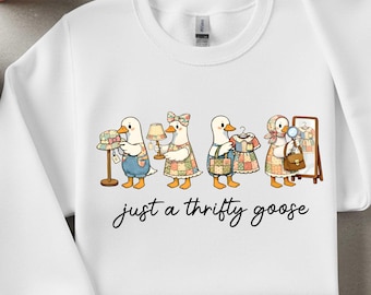Just A Thrifty Goose png, oma gans png, grappig gek shirt png, coquette geld besparen tweedehands winkelen, Patwork Cottagecore