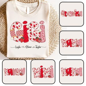 Grand-mère florale aux fraises mignonne personnalisée avec des noms d'enfants Png, Preppy Mama Strawberry Glitter Png, Png de tous les jours, Preppy Mama Png personnalisé
