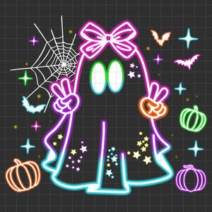Op de afbeelding: Een Halloween-ontwerp in neonstijl met een spook met een roze strik, vredestekens en steraccenten. Het ontwerp bevat pompoenen, vleermuizen en een spinnenweb, allemaal omlijnd in levendige kleuren tegen een donkere achtergrond.