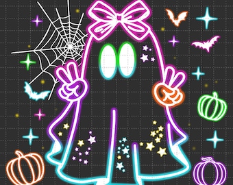 Cute Colorful Neon Boo Ghost Png, Halloween Boo Bow Png, Neon Halloween PNG, Boo Ghost Shirt Png, Cute Boo Halloween Sublimation Design
