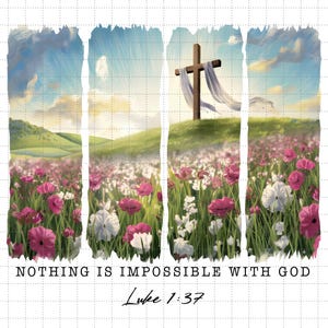 Niente è impossibile con Dio, Lui è risorto, Wildflower Spring Easter Png, croce con pennellate retrò, estetica boho pasquale cristiana Gesù