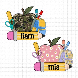 Paquete de PNG con nombre personalizado para niños, PNG de regreso a clases, PNG de manzana retro, PNG de maestro, PNG de lápiz Groovy, PNG de nombre personalizado, descarga instantánea
