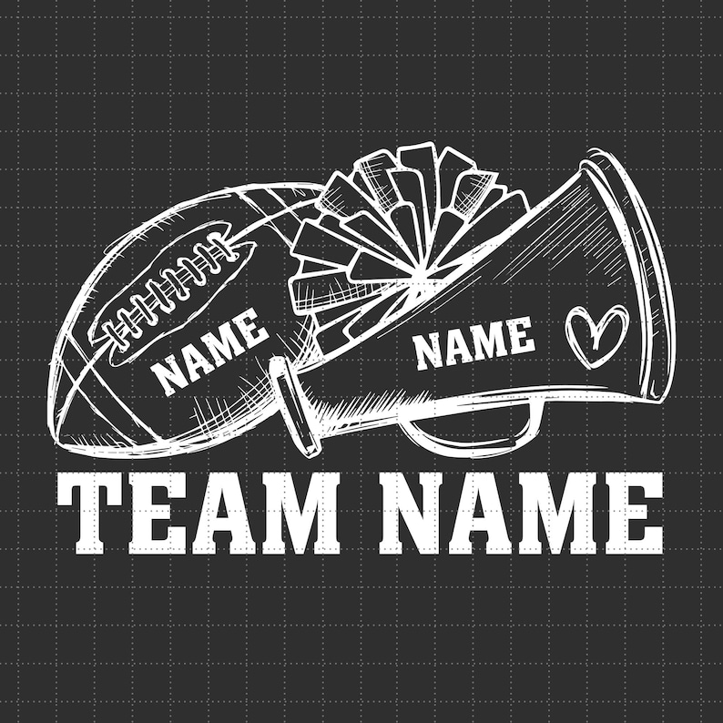Peut inclure: Illustration en noir et blanc d'un ballon de football, d'un m&eacute;gaphone et d'un pompon de majorette. Le texte "NAME" appara&icirc;t &agrave; la fois sur le ballon de football et sur le m&eacute;gaphone. Le texte "TEAM NAME" appara&icirc;t sous l'illustration.