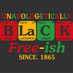 May include: A graphic design with the word "UNAPOLOGETICALLY" in yellow letters on a black background. Below the word is a graphic of the word "BLACK" with each letter represented by a chemical element symbol. The chemical elements are Boron, Lanthanum, Carbon, and Potassium. Below the chemical elements is the text "Free-ish" in red, yellow, and green letters. Below the text is the text "SINCE. 1865" in yellow letters.