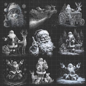 May include: A collection of nine black and white illustrations of Santa Claus in various poses. Santa is depicted with a long white beard, wearing a red suit and hat. Some illustrations show Santa with reindeer, gifts, or on a tractor.