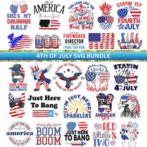Oltre 25 pacchetti di immagini SVG per il 4 luglio negli Stati Uniti, immagini SVG patriottiche americane, immagini PNG retrò degli Stati Uniti, aquila patriottica, birra per il giorno dell'indipendenza, Merica, direttore dei fuochi d'artificio SVG