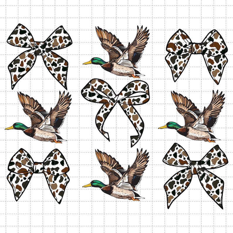 May include: A collection of decorative bows with a cow print pattern in brown, black, and white, interspersed with illustrations of flying ducks. The ducks have green heads, brown wings, and yellow beaks.