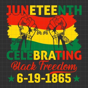 May include: A graphic design celebrating Juneteenth, a holiday commemorating the emancipation of enslaved African Americans in the United States. The design features a red, yellow, and green flag with two raised fists breaking free from chains. The text "Juneteenth Celebrating Black Freedom 6-19-1865" is displayed below the flag.