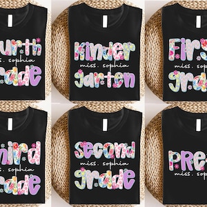 Paquete floral preppy para la vuelta al cole, diseño personalizado con el nombre del profesor, primer día de clases de la profesora coqueta (PNG), preescolar de 1.º, 2.º y 3.er grado (PNG)