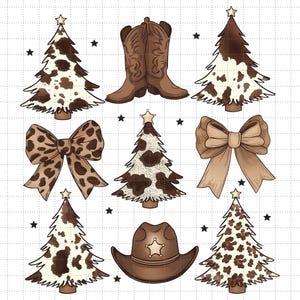 Retro western kerstsublimatieontwerp, cowboylaarzen en -muts, howdy-kerstboom, strik van cowgirl-coquette, gelukkig nieuwjaar