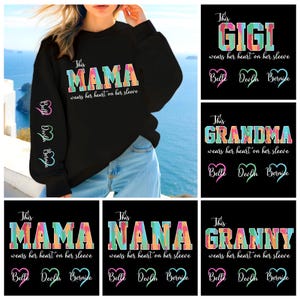 Pacote de camisetas personalizadas para família em PNG, Mamãe usa o coração na manga em PNG, Mamãe em PNG, Vovó em PNG, Nomes de crianças personalizados, Presente de Dia das Mães em PNG