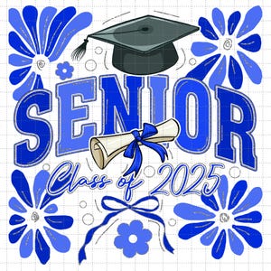 Glitter koningsblauw senior 2025 png, boho senior coquette png, klasse van 2025 png, afstuderen, senior varsity, middelbare school senior shirtontwerp
