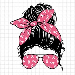 Moño desordenado Cáncer de mama Svg Png, Guerrero Cáncer de mama Svg, Sobreviviente de cáncer Svg, Lucha contra el cáncer, Svg, Archivos Png para sublimación Cricut
